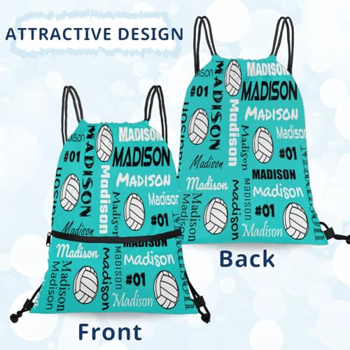 Custom Volleyball Style Drawstring Bag, Personalized Sports Ball Backpack Drawstring Sack Cinch Bags for Team Gift Party Favors, Light Turquoise - color: Dark Navy