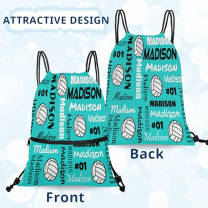 Custom Volleyball Style Drawstring Bag, Personalized Sports Ball Backpack Drawstring Sack Cinch Bags for Team Gift Party Favors, Light Turquoise - color: Dark Navy