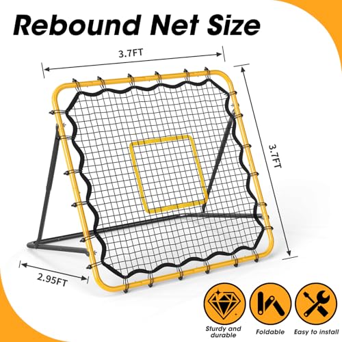 Rebound Net 3.7 x 3.7 FT, Baseball Softball Soccer Volleyball Pitching Rebounder, 5 Adjustable Return Angles, Portable Bounce Back Training Equipment