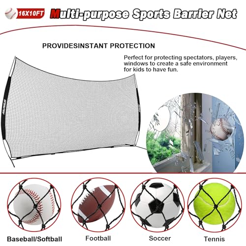 Sports Barrier Net,Sports Net,Barricade Backstop Net,Perfect for Baseball,Softball,Soccer, Basketball,Lacrosse - style: 16X10Ft-Black