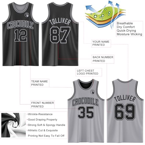 Custom Reversible Basketball Jerseys Men Youth, Personalized Sports Shirts Team Uniforms Printed Name Logo Number - color: Grey and Black