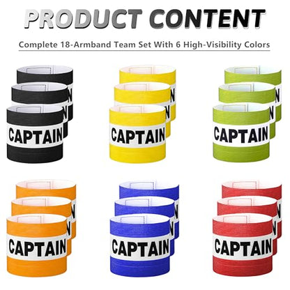 18 Pack Captain Armbands for Soccer, Football & Rugby, Adjustable Hook-and-Loop Captain Bands, 6 Colors (3 Each), Referee Visible, Washable, Fits Older Teens & Adults, 10-12 in Biceps