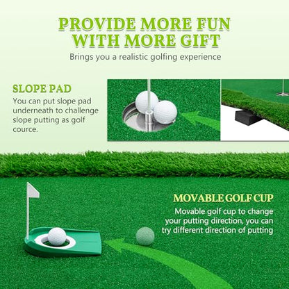 Golf Putting Green Mat, Large Professional Golf Training Mat with 3 Holes, 3 Flags,1 Movable Cup and 2 Slope Pad for Indoor Outdoor Putting Practice - size: 5x10 ft