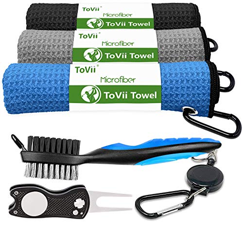 Golf Towel Microfiber Waffle Pattern Golf Towel | Brush Tool Kit with Club Groove Cleaner | Golf Divot Tool | Golf Accessories for Men - color: Blue