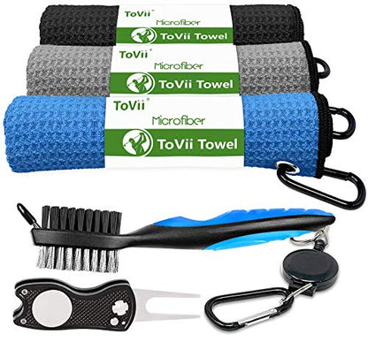 Golf Towel Microfiber Waffle Pattern Golf Towel | Brush Tool Kit with Club Groove Cleaner | Golf Divot Tool | Golf Accessories for Men - color: Blue