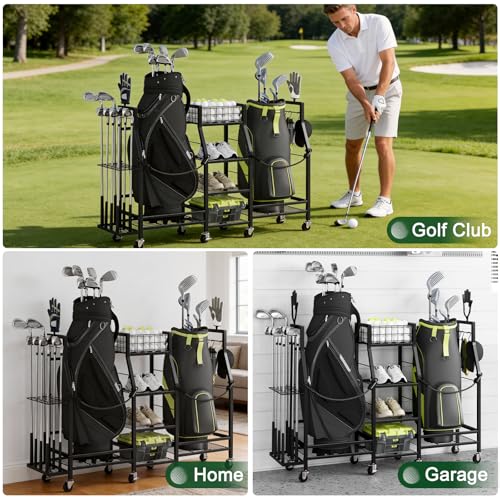 Golf Bag Storage Rack for Garage with Wheels, Holds 2 Golf Bags, Golf Club & Golf Accessories Organizer with Shelves, Accessory Baskets & Glove Holders