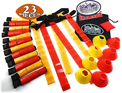 Matty's Toy Stop Deluxe 14-Man Flag Football Set with 7 Yellow Tear Away Belts, 7 Red Tear Away Belts, 4 Yellow Cones, 4 Red Cones, 1 Red Beanbag Flag & Storage Bag - Complete Set