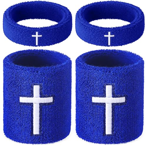 Soulchen 4 pcs Cross Bicep Bands Wrist Bands Christian Arm Sweat Wristbands Absorbent Armband for Men Women Football Baseball Players Sports Activities Supplies - color: Blue
