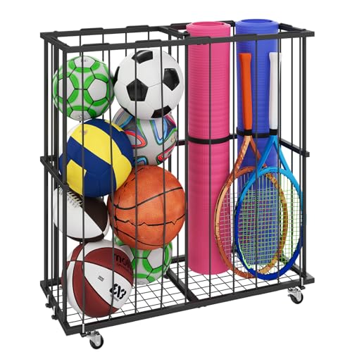 Hencawima Large Garage Ball Storage, Rolling Floor Sports Equipment Organizer: Freestanding Ball Rack with Elastic Rope–, Ball Holder for Basketball, Soccer, Football, Volleyball, Garage, Gym, Black - size: Large, style: With Wheels,Rectangle