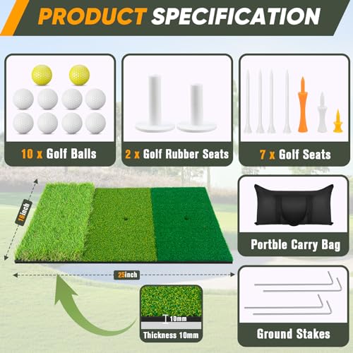 10x7Ft Golf Practice Net, Golf Net for Backyard Driving Real GolfBalls, All in 1 Golf Hitting Nets with Tri-Turf Mat, Impact Target, 10 Balls, 7 Tees, 2 Rubber Tees, Carry Bag