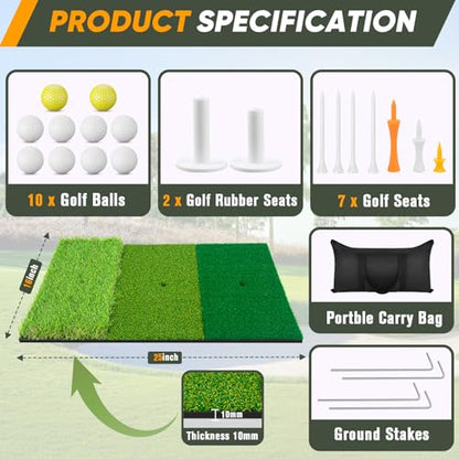 10x7Ft Golf Practice Net, Golf Net for Backyard Driving Real GolfBalls, All in 1 Golf Hitting Nets with Tri-Turf Mat, Impact Target, 10 Balls, 7 Tees, 2 Rubber Tees, Carry Bag