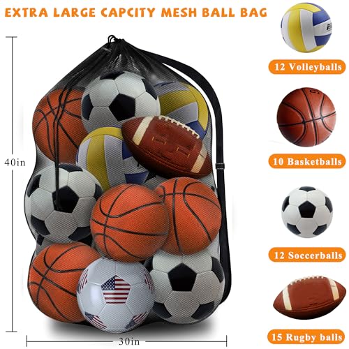 Heavy Duty Mesh Ball Bag, 30x40‘’ Large Sports Equipment Organizer for Soccer Basketball Volleyball, Breathable Gear Bag with Adjustable Strap for Coaches and Gym