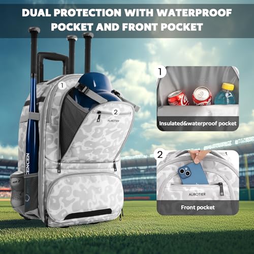 AUROTIER Rolling Baseball Backpack with Off-road Wheels, Wheeled Catchers Gear Bag for Baseball Equipment, 4 Bats, Large Softball Bag for TBall, Helmet & Accessories with Fence Hook - color: White Camo
