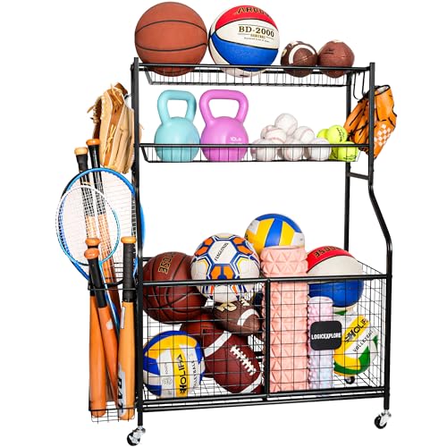 Sports Equipment Storage Organizer Rack with Rolling Wheels, Garage Ball Storage Cart for Basketball, Soccer, Baseball, Heavy-Duty Metal Sports Rack for Garage, Home, School Gym