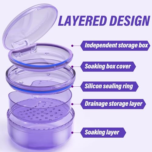 Denture Case Retainer Cleaning Case: 2 in 1 Retainer Case, No-Leak Denture Bath Box Cup, Complete Clean Care for Dentures, Clear Braces, Mouth Guard, Night Guard & Retainers - color: Purple