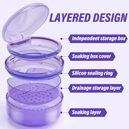 Denture Case Retainer Cleaning Case: 2 in 1 Retainer Case, No-Leak Denture Bath Box Cup, Complete Clean Care for Dentures, Clear Braces, Mouth Guard, Night Guard & Retainers - color: Purple