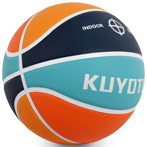 KUYOTQ Kids Youth Adult Size 3/4/5/6/7 (22/25.5/27.5/28.5/29.5") Basketball Premium Rubber or Faux Leather Basketball Indoor Outdoor Basketball for Boys Girls Womens Mens Basketball Gifts (Deflated) - color: Blue-Teal-Orange Thickened Rubber, size: Size 4