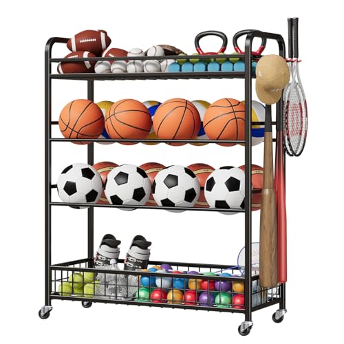 Garvee Basketball Rack, Rolling Basketball Training Stand, Sports Equipment Storage with Wheels, Four-Layer Organizer Holder with Two Basket for Basketballs Footballs Volleyball