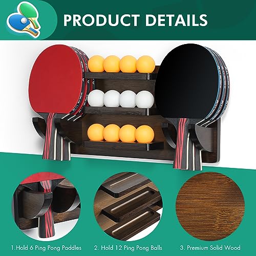 Ping Pong Paddle Holder Wall Mounted Table Tennis Racket Display for 6 Paddles and 12 Balls Storage, Ping Pong Accessories Organizer in Game Room, Man Cave, Bar Room, Garage, Office, Home