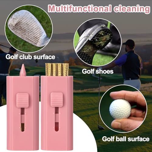 PAGOW 2 Pack Retractable Golf Club Cleaner Brush, Portable Double-Sided Golf Club Brush Groove Cleaner-Multicolor - color: Pink