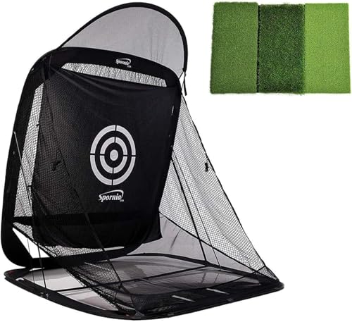 Spornia SPG-5 Golf Practice Net – 5' x 5' Indoor & Outdoor with Ball Return | Driving, Chipping & Full Swings | Heavy-Duty, Portable & Easy to Set Up - style: Net + Mat + Side Net Attachment