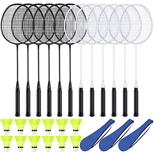 12 Pack Badminton Rackets Set Including Badminton Racquets, Nylon Shuttlecocks and Carry Bag for Outdoor Backyard Games Beginners - color: White, Black