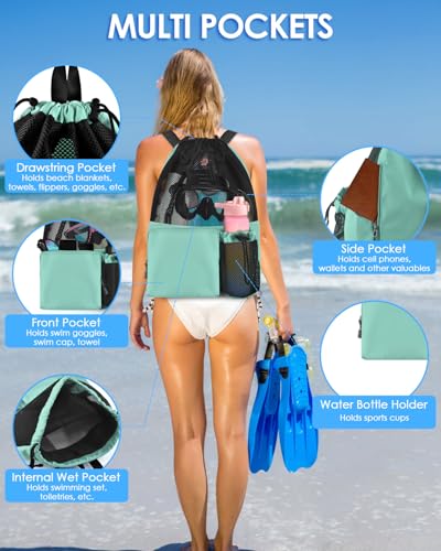 BROTOU Swim Bag Beach Backpack with Wet Pocket Mesh Drawstring Bags for Swimming, Gym - color: Mint Green