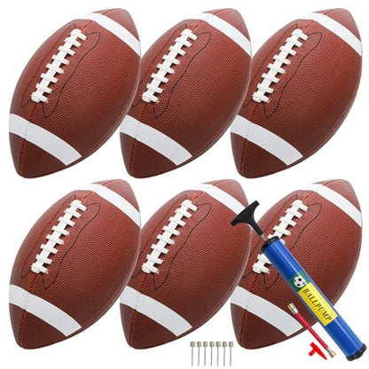 Lawei 6 Pack Youth Footballs, Official Size 6 Composite Leather Football for Junior, Adult, College, High School, Durable Inflatable Footballs with Pump, Indoor Outdoor American Footballs Bulk
