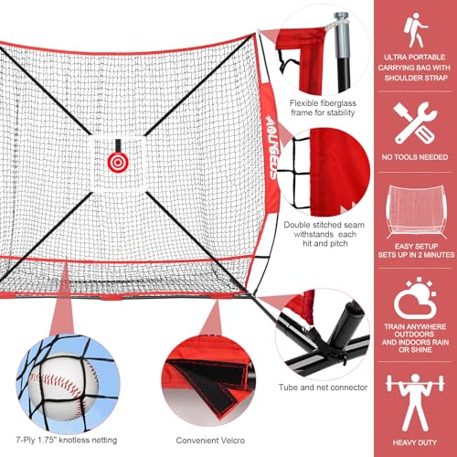 6'X6' Baseball Softball Practice Net,Pitching Net,Batting Net,with Bonus Strike Zone,Target and Bow Frame,for Hitting,Pitching,Catching - size: 6 x 6 FT, style: Full Mouth Version-Red