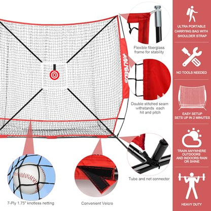 6'X6' Baseball Softball Practice Net,Pitching Net,Batting Net,with Bonus Strike Zone,Target and Bow Frame,for Hitting,Pitching,Catching