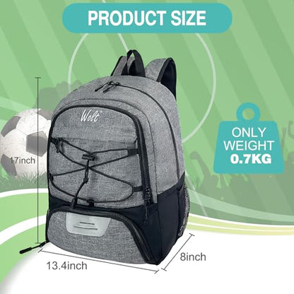 WOLT Soccer Backpack Soccer Bag with Ball Holder & Shoes Compartment, Sport Equipment Bags For Football, Basketball, Volleyball, Gym - color: Grey