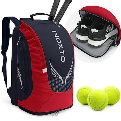INOXTO 40L Tennis Backpack for Men & Women, Large Pickleball Bag With Independent Shoe Storage, Waterproof & Breathable, Holds 2 Tennis Rackets for Badminton, Travel & Camping - color: dark blue with red