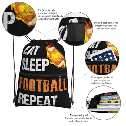 Football Drawstring Bags, Outdoor Sport Sackpack Cinch String Bag, Eat Sleep Football Repeat Drawstring Backpack, Waterproof Gym Drawstring Bags, Football Player Gift for Men & Women - color: Eat Sleep Football Repeat