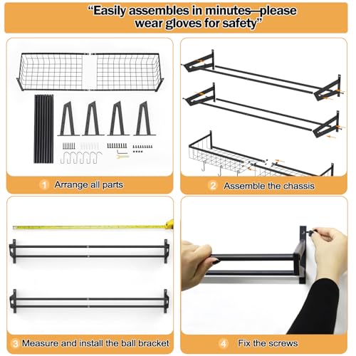 Ball Metal Holder Wall Mount Sports Organizer with 3Tier Shelf Garage Basketball Rack for Balls, Multi-Purpose Wall Ball Storage, Racks for Garage, Equipment Organizer with 6 Hooks, Metal Black（black）