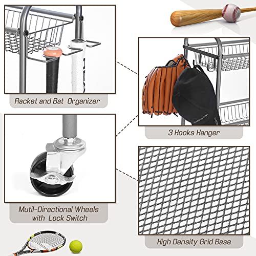 Ball Organizer for Garage, Steel Sport Equipment Organizer with Baseball Bat Holder and Hooks, Easy Assembly Storage for Balls, Kids' Toys, and Workout Gear in Basement, Home Gym, Outdoor