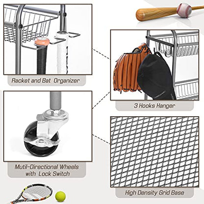 Ball Organizer for Garage, Steel Sport Equipment Organizer with Baseball Bat Holder and Hooks, Easy Assembly Storage for Balls, Kids' Toys, and Workout Gear in Basement, Home Gym, Outdoor
