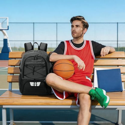 HUA ANGEL Basketball Backpack, Large Sports Bag with Separate Ball Holder & Shoe Compartment, Men/Women Gym Backpack for Basketball Soccer Volleyball - color: Black