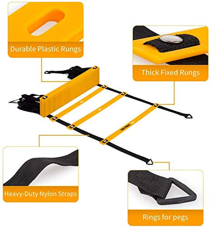 TOCO FREIDO Speed&Agility Training Set – 20ft Agility Ladder Set with 12 Rungs, 4 Adjustable Training Hurdle, 12 Disc Cones, 2 Resistance Bands, 1 Running Parachute and Footwork Drills Equipment - color: Upgraded Version - Orange