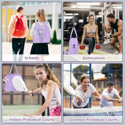Pickleball Bag Pickle Ball Backpack for Women,Pickleball Accessory Tote Sport Equipment Bag Machine Washable with Shoe Compartment,Wet Pocket,Adjustable Shoulder Strap Fence Hook,Great Gift 30L-Purple - color: Purple