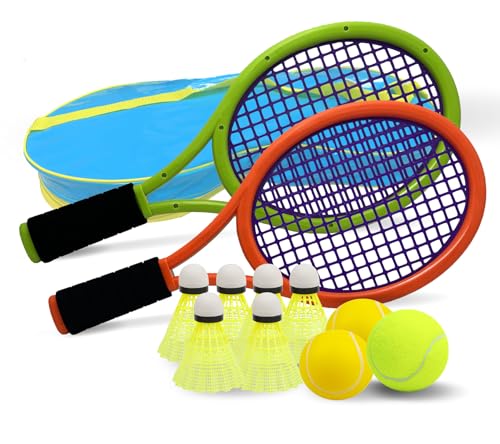 Kid Tennis Racket Set for Toddler,Children,Sponge Handle, includes 6 Badminton, 1 Tennis Ball, Bag and 2 Balls - Increase Children's Sports,Improve Tennis Skills - color: Grey Orange&Green