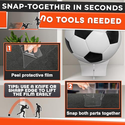 Basketball Stand Display – Showcase Balls in a Clean, Premium Look with Clear Acrylic Holder, Smooth Edges, Quick Snap Assembly & Stable Support – Football Stand Display for Soccer, Volleyball, Rugby