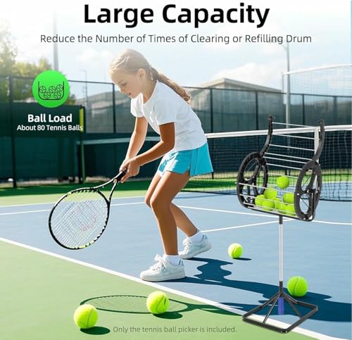 Automatic Tennis Ball Picker, 80 Balls Capacity, 2 in 1 Tennis Collector Basket with Adjustable Height, Rolling Ball Catcher with Handle, Portable Hopper for Gym Court, Club, School~/