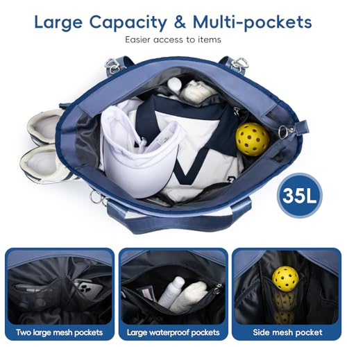 Pickleball Tote Bag for Women with Fence Hook, Quilted Pickleball Bag Holds 3-4 Paddles with Shoe Compartment & Wet Pocket - color: Blue
