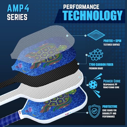 4Joy AMP4 Pickleball Paddle – T700 Carbon Fiber, Lightweight 7.5 oz, Wide Face for Control, 14mm Core, Beginner to Low-Intermediate - USAP Approved - style: Turtle