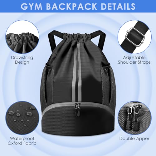 BROTOU Soccer Bags, Football Backpack, Volleyball Bag, Drawstring Backpack with Ball and Shoe Compartment, Football bags for Equipment Swim Gym Bag - color: Black