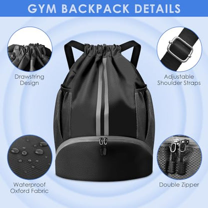 BROTOU Soccer Bags, Football Backpack, Volleyball Bag, Drawstring Backpack with Ball and Shoe Compartment, Football bags for Equipment Swim Gym Bag - color: Black