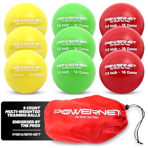 PowerNet 2.8" 9 Pack Weighted Progressive Training Balls for Hitting Batting, Build Strength & Muscle, Improve Technique, Baseball Size, Training Equipment for Throwing, 12 oz to 20 oz - color: LITE Pack | 12, 14, 16 Ounces
