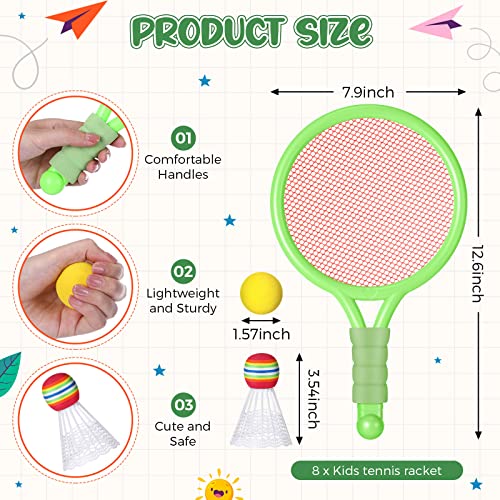 Wettarn 8 Pcs Plastic Kids Tennis Racket with 4 Tennis Balls and 4 Shuttlecocks Training Balls Beach Racket Set in 3 Colors for Kids Outdoor Sports Gifts