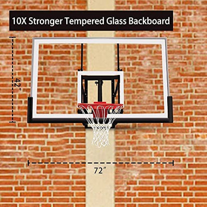 Katop Wall Mount Basketball Hoop with 60"x36", 72"x42" Tempered Glass Backboard, Effortlessly Height Adjustable from 7.5' to 10', Pre Installed Pads and Heavy Duty Basketball Rim and Net - style: 72 Inch Backboard