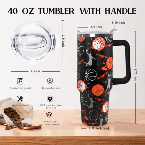 Ceovfoi 40 oz Basketball Coffee Mug Cup Vacuum Insulated Travel Tumbler with Handle Lid and Straw,Basketball Coach Gifts,Accessories Stuff - color: Basketball